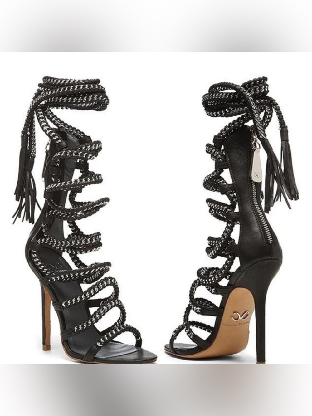 Monika Chiang Black “Imena” Braided Gladiator Stiletto Sandals gold chain detail